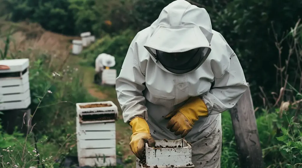 beekeeper in a white bee suit
