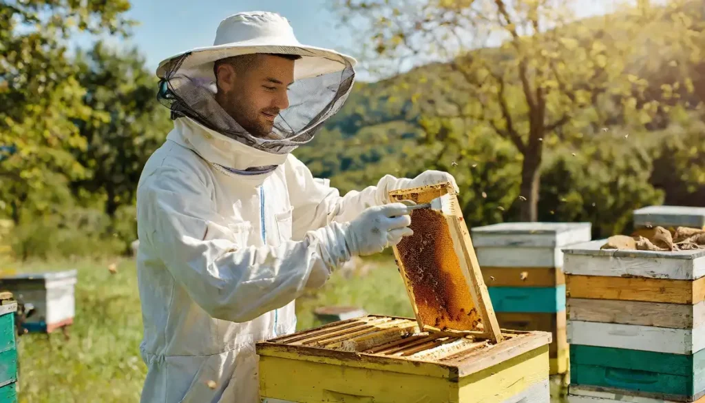 beekeeper in bee suit and gloves inspecting his bee hives