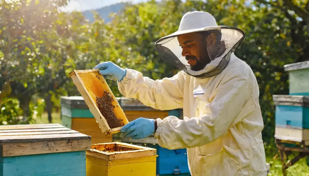 beekeeper inspecting his bee hives