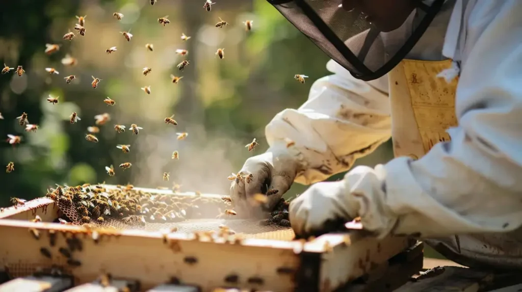 beekeeper tending hives