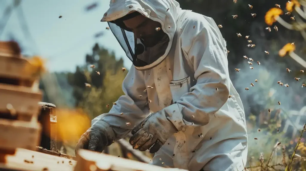 beekeeper working at a hive in full beekeeping gear