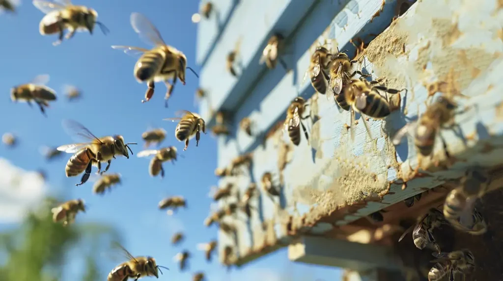bees entering and exiting a beehive