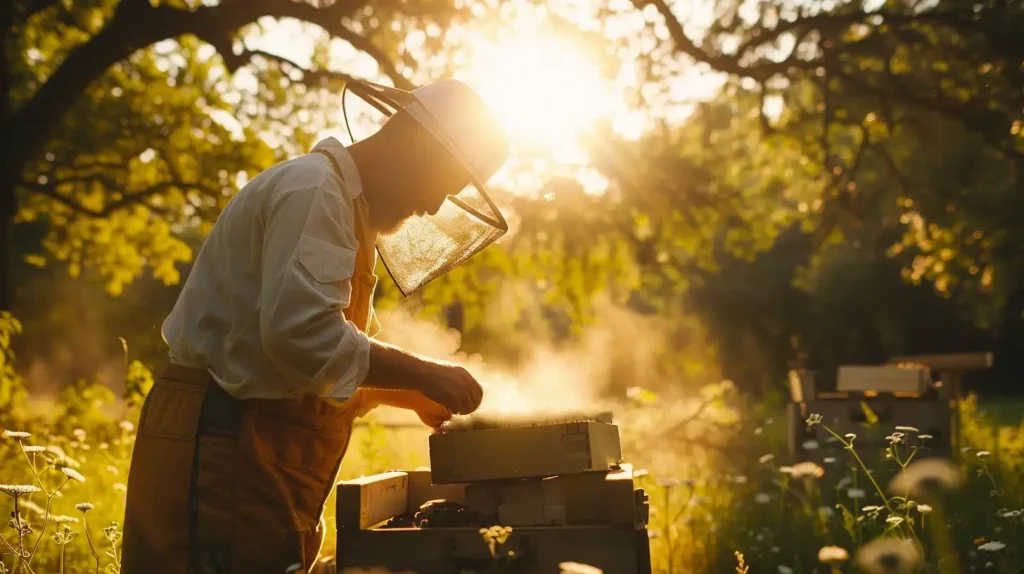 a beekeeper working in his apiary