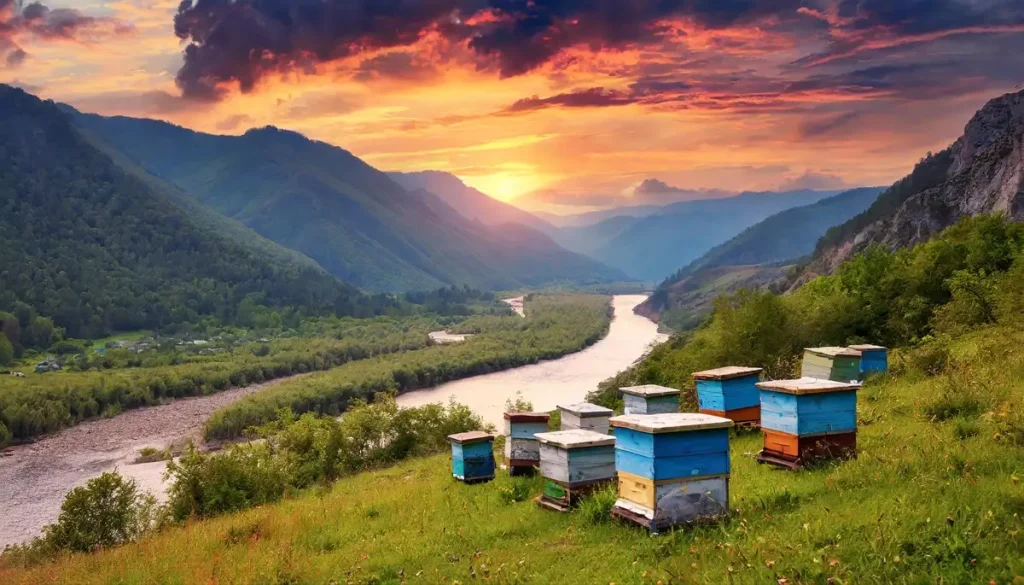 an apiary with hives in the mountains