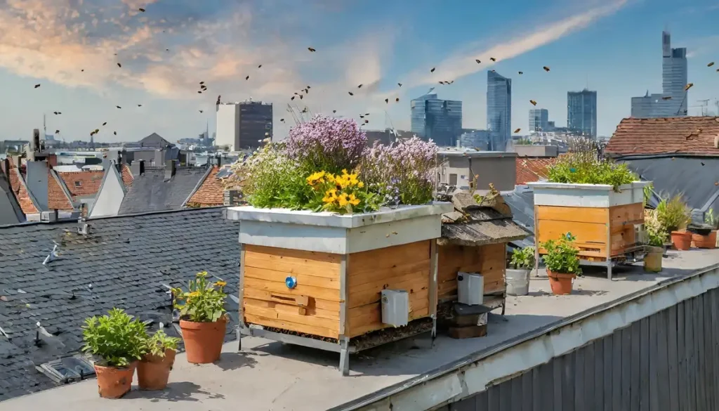 an urban apiary on a city building roof