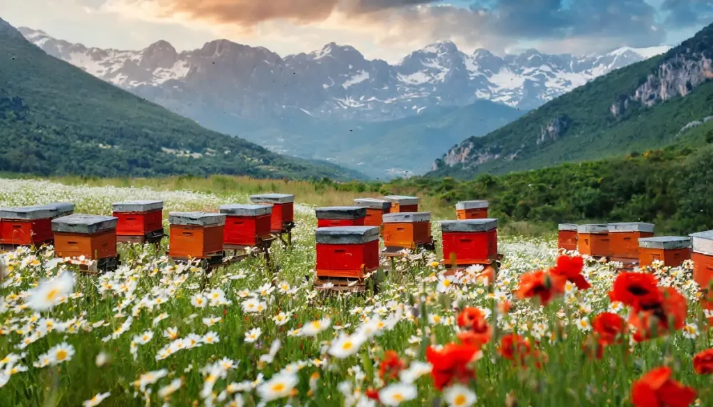 bee hives in a field of red poppies and white daisies with mountains in background