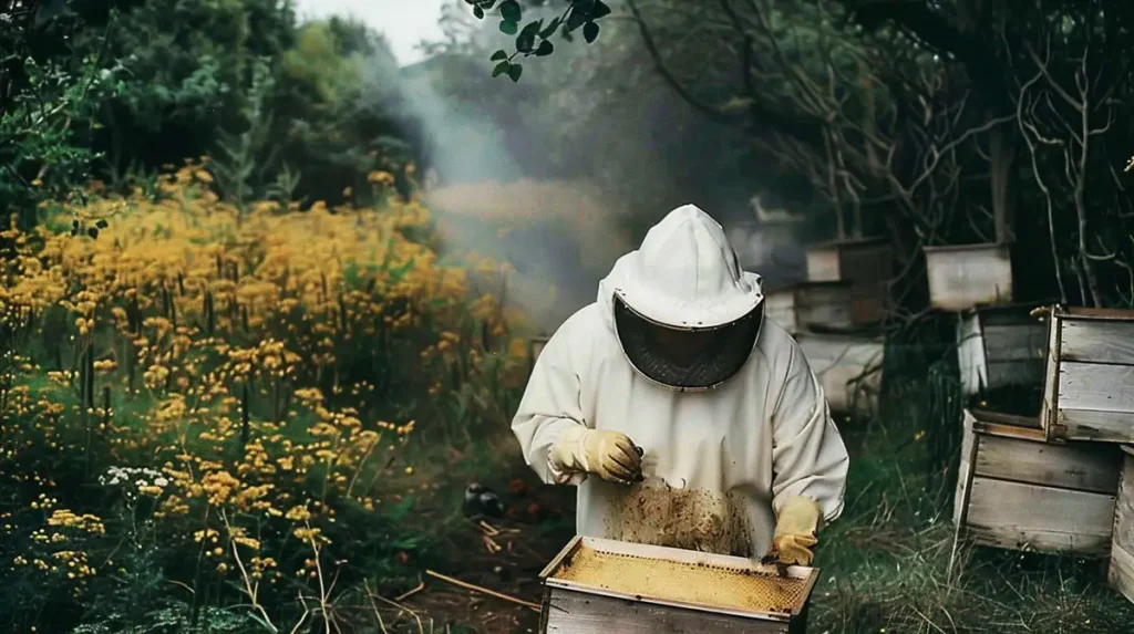 beekeeper at work in apiary