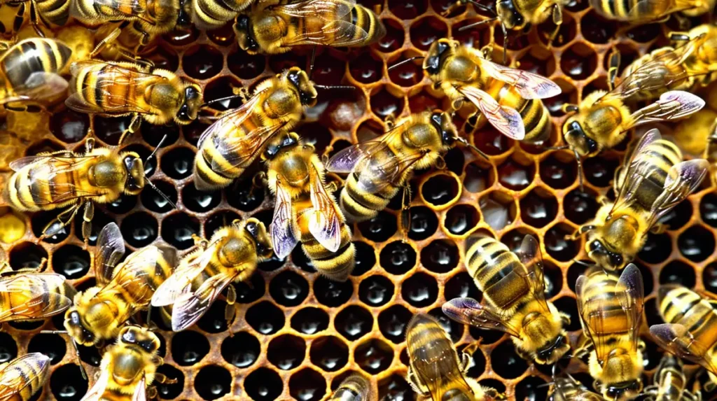 bees in hive on honeycomb
