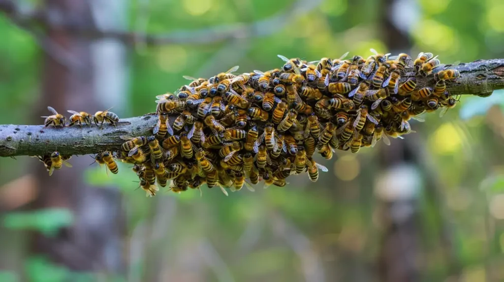 a swarm of bees on a branch