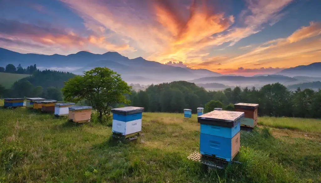 beehives and trees at sunrise