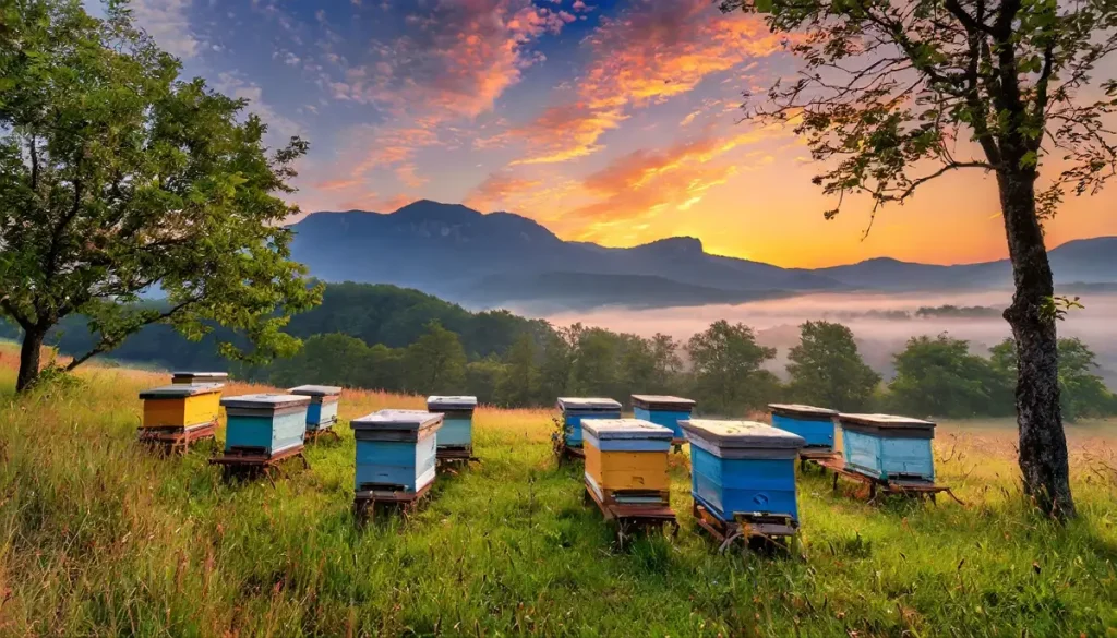 beehives and trees at sunrise