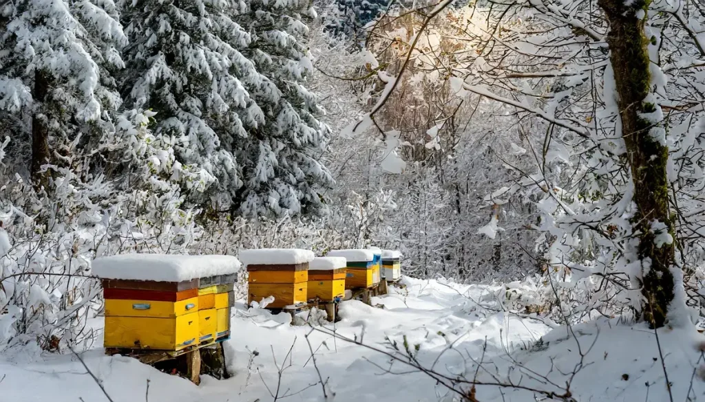 beehives in winter forest