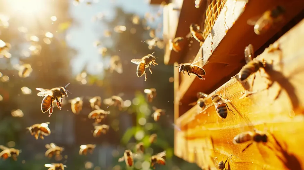 bees flying around near their hive on a sunny day