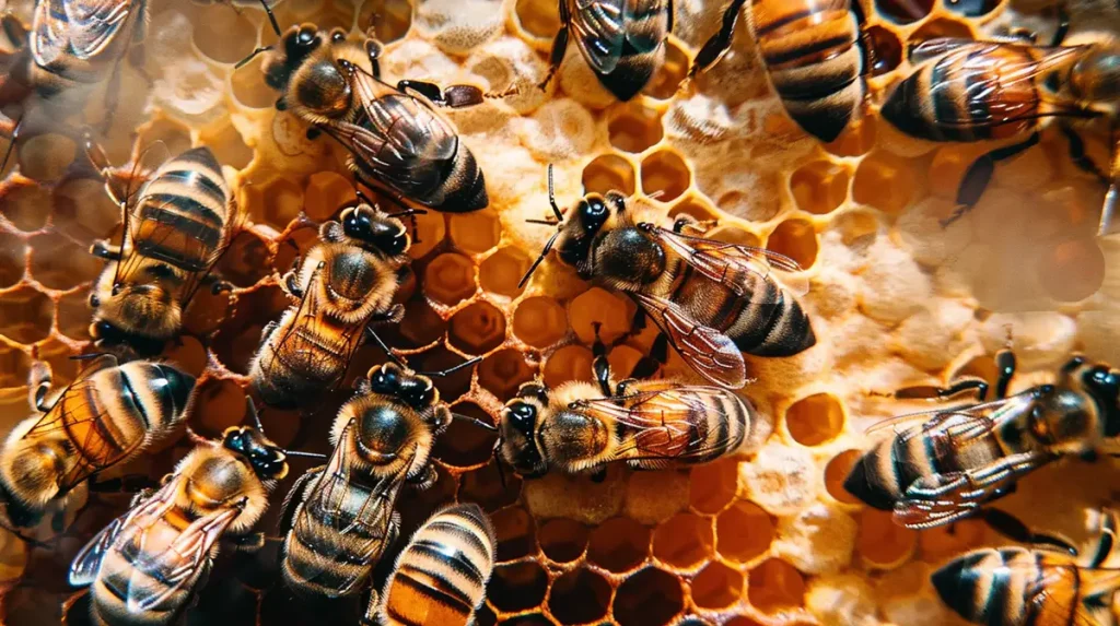 bees in a hive on honeycomb