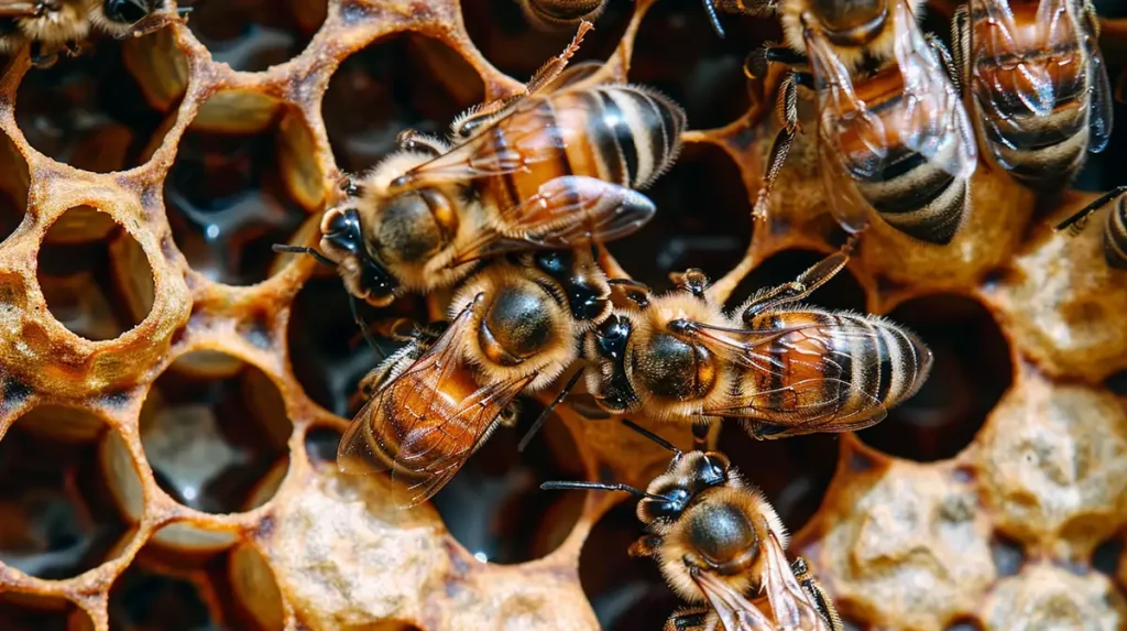 bees in a hive on honeycomb