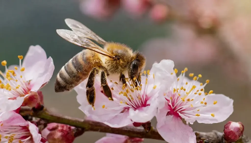 honey bee gathering pollen on a pink blossom