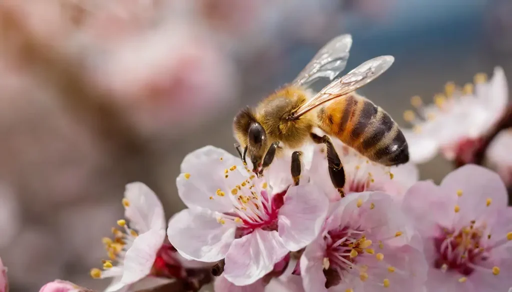 honey bee gathering pollen on a pink blossom in spring