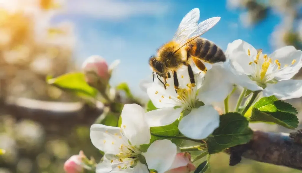 honey bee pollinating a beautiful apple tree flower