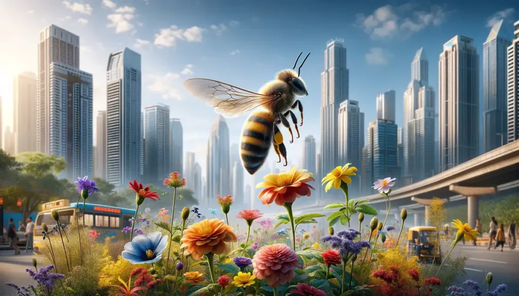 a bee hovering above vibrant flowers in a bustling urban environment