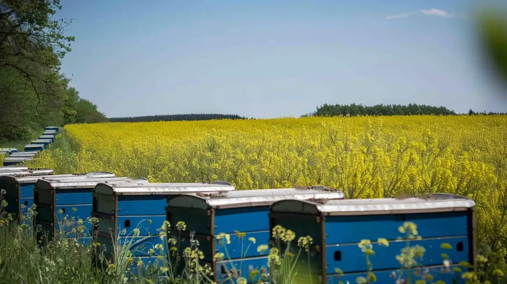 bee hives in rapeseed field