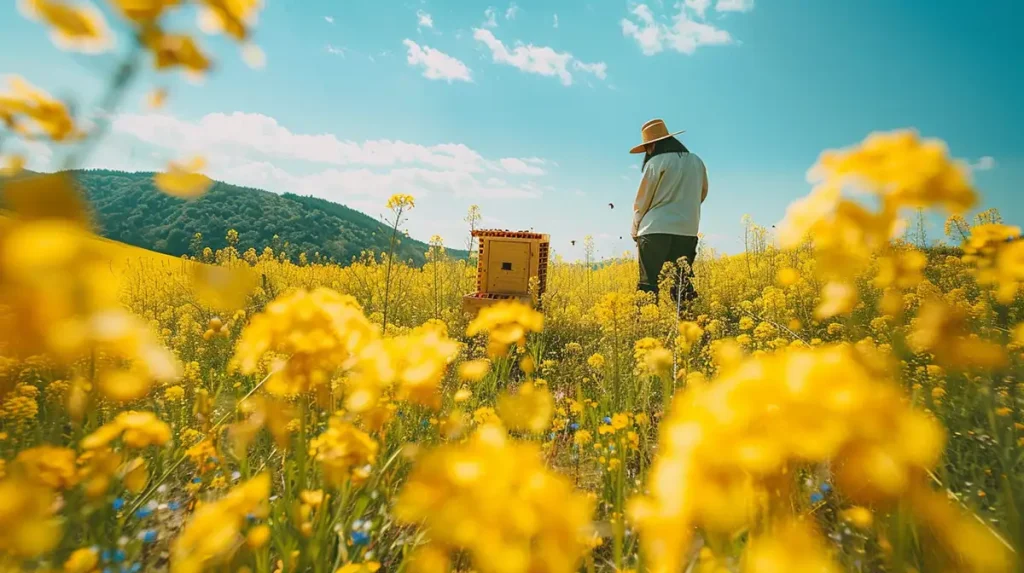 a beekeeper tending hive in a field of yellow flowers