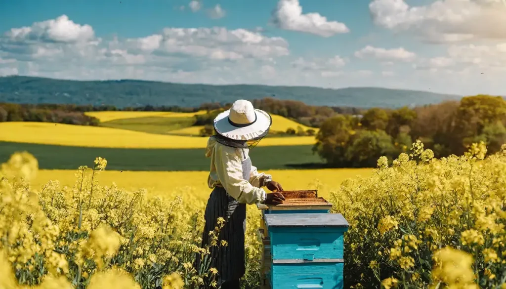 beekeeper tending hive in field of yellow flowers