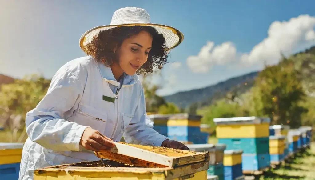 a beekeeper tending to her hives