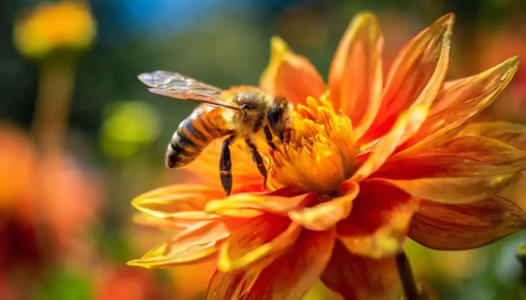 a honey bee collecting nectar on an orange dahlia flower
