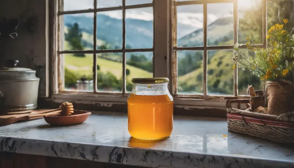 a jar of honey sitting on a countertop in a rustic kitchen