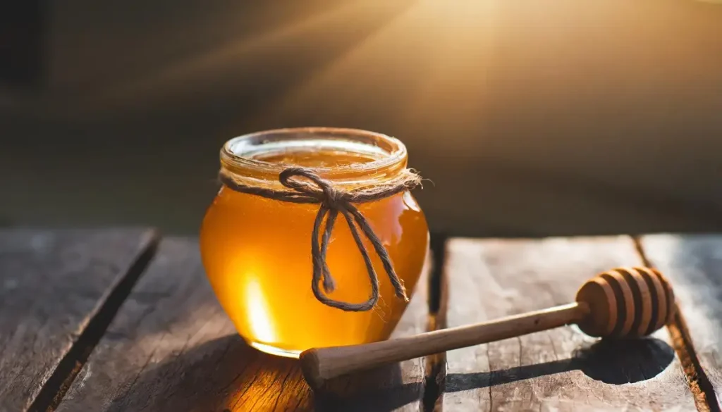 a jar of honey with the sun in the background