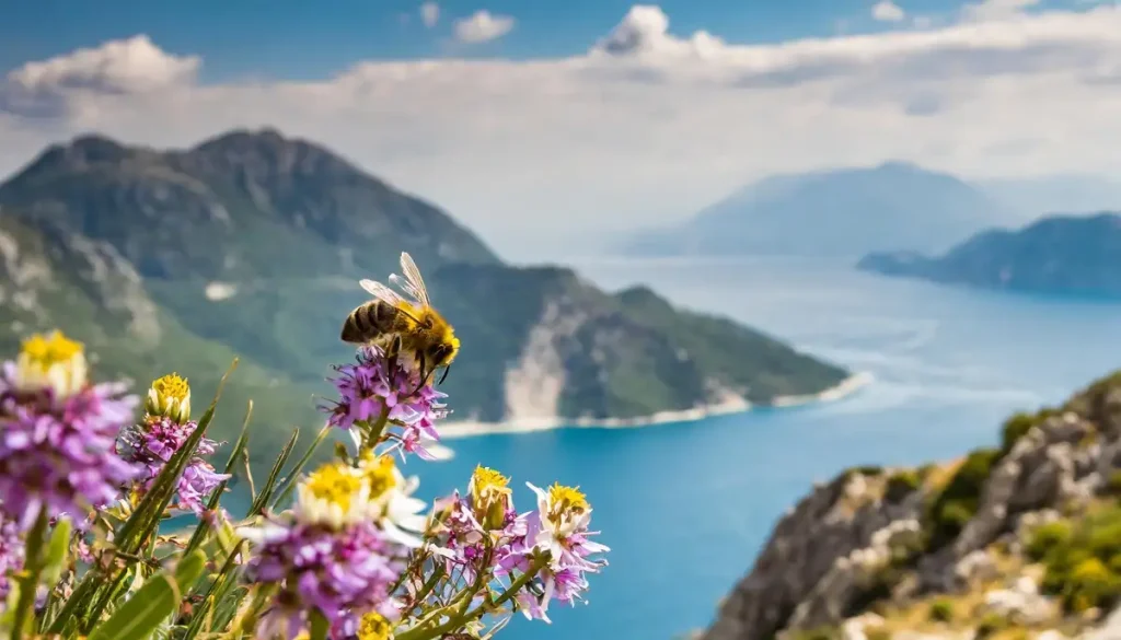 bee on a flower with mountains and sea background