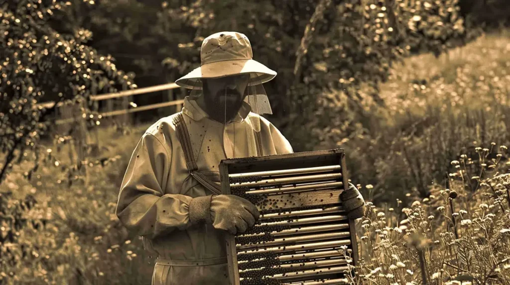 sepia image of beekeeper tending hives