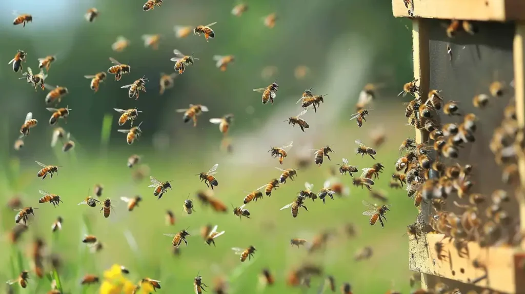bees flying near hive