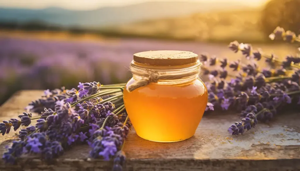 honey on old style table and lavender flowers