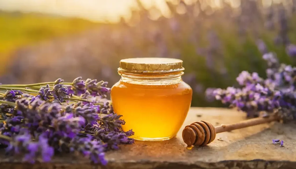 jar of honey on old style table and lavender flowers