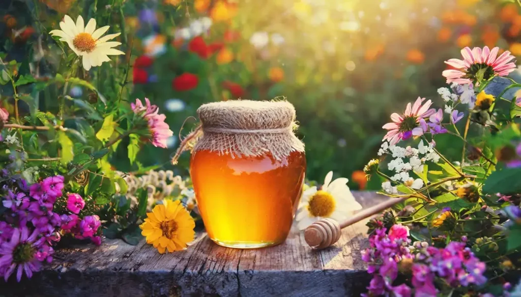 jar of honey on old style table in garden among fresh flowers