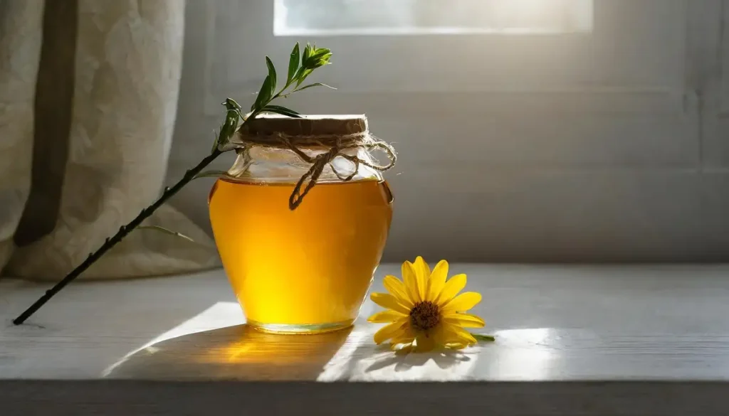 jar of honey with a sprig and a yellow flower