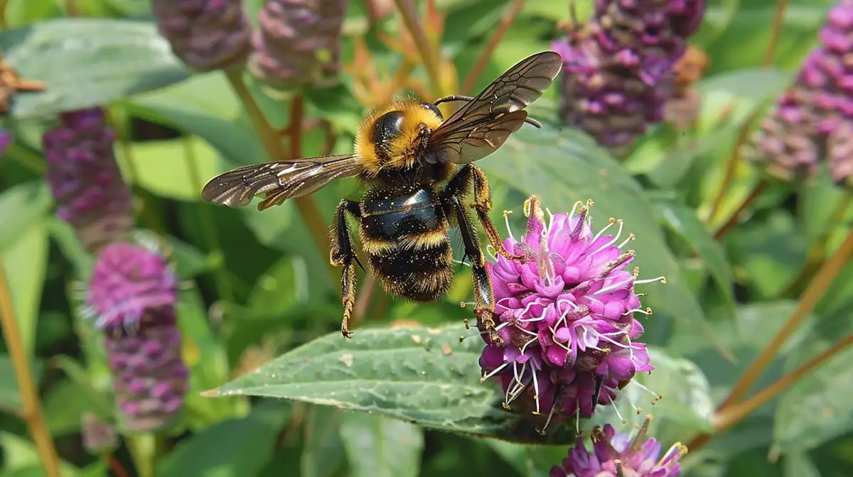 yellow banded carpenter bee amid purple flowers