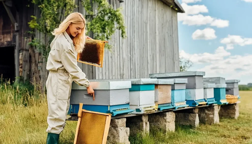 beekeeper working at apiary